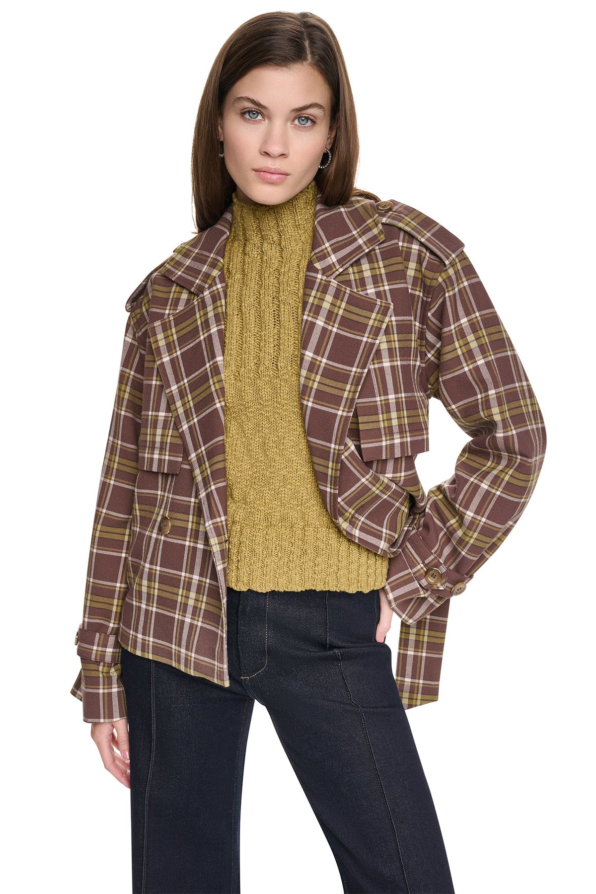 PLAID DOUBLE BREASTED SHORT TRENCH Tribeca Plaid Chestnut | DKNY