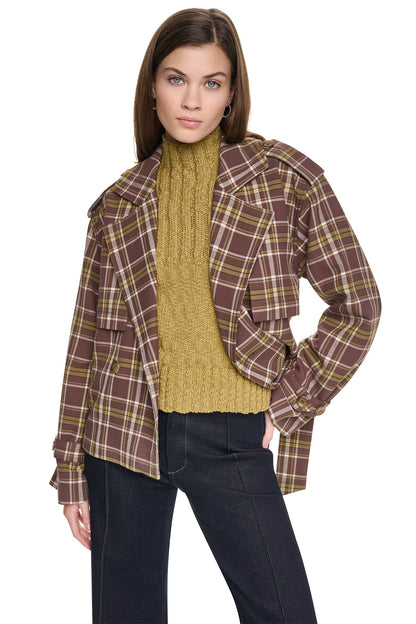 PLAID DOUBLE BREASTED SHORT TRENCH Tribeca Plaid Chestnut | DKNY