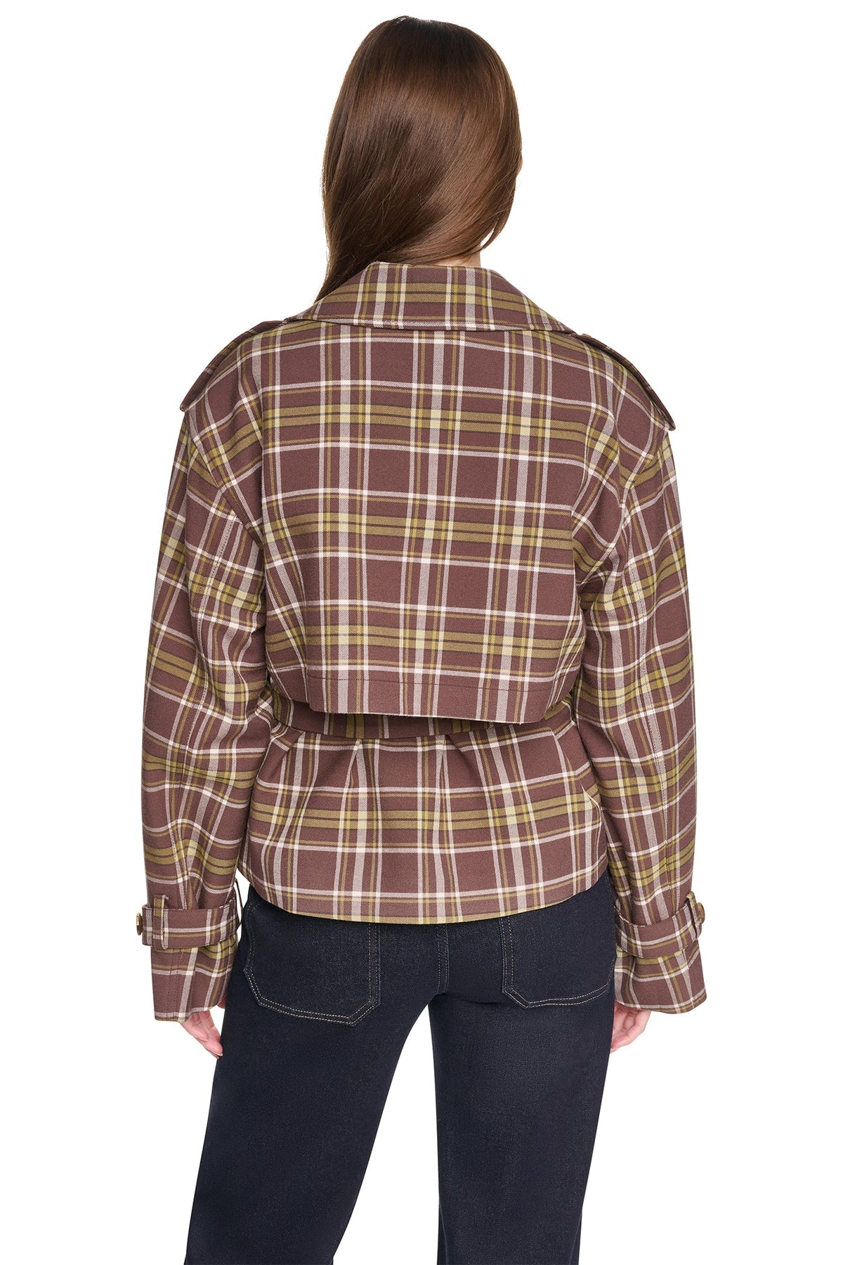 PLAID DOUBLE BREASTED SHORT TRENCH Tribeca Plaid Chestnut | DKNY