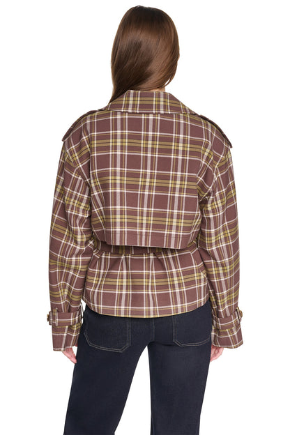 PLAID DOUBLE BREASTED SHORT TRENCH Tribeca Plaid Chestnut | DKNY
