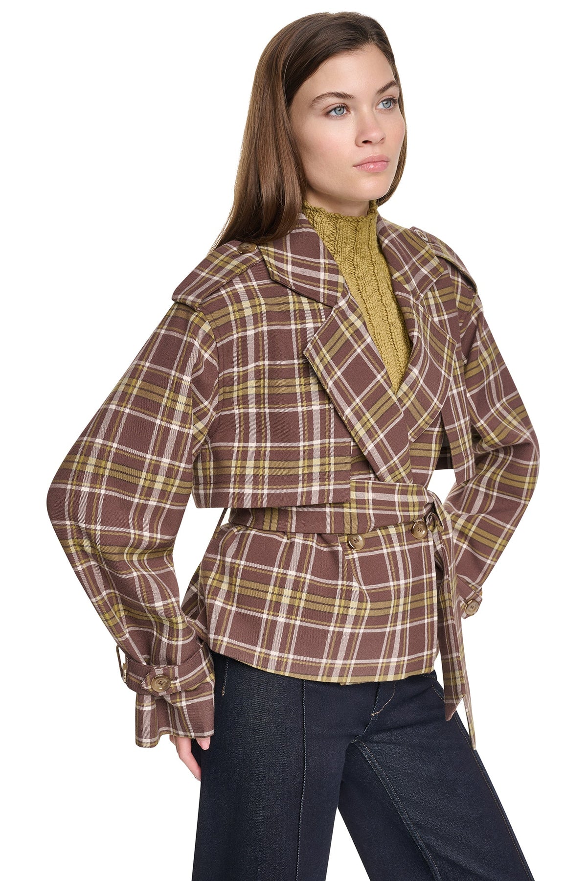 PLAID DOUBLE BREASTED SHORT TRENCH Tribeca Plaid Chestnut | DKNY