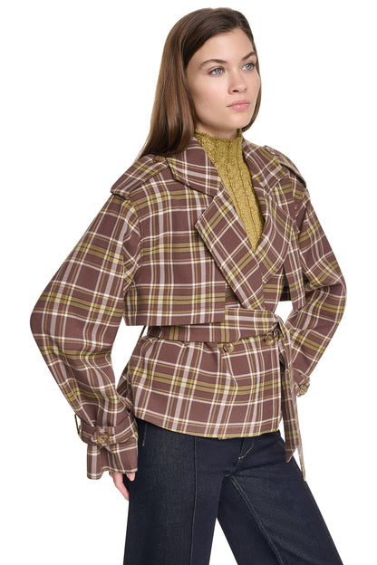 PLAID DOUBLE BREASTED SHORT TRENCH Tribeca Plaid Chestnut | DKNY