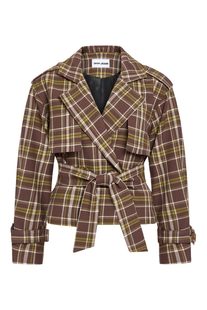 PLAID DOUBLE BREASTED SHORT TRENCH Tribeca Plaid Chestnut | DKNY
