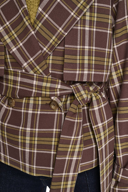 PLAID DOUBLE BREASTED SHORT TRENCH Tribeca Plaid Chestnut | DKNY