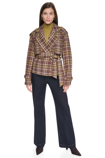 PLAID DOUBLE BREASTED SHORT TRENCH Tribeca Plaid Chestnut | DKNY