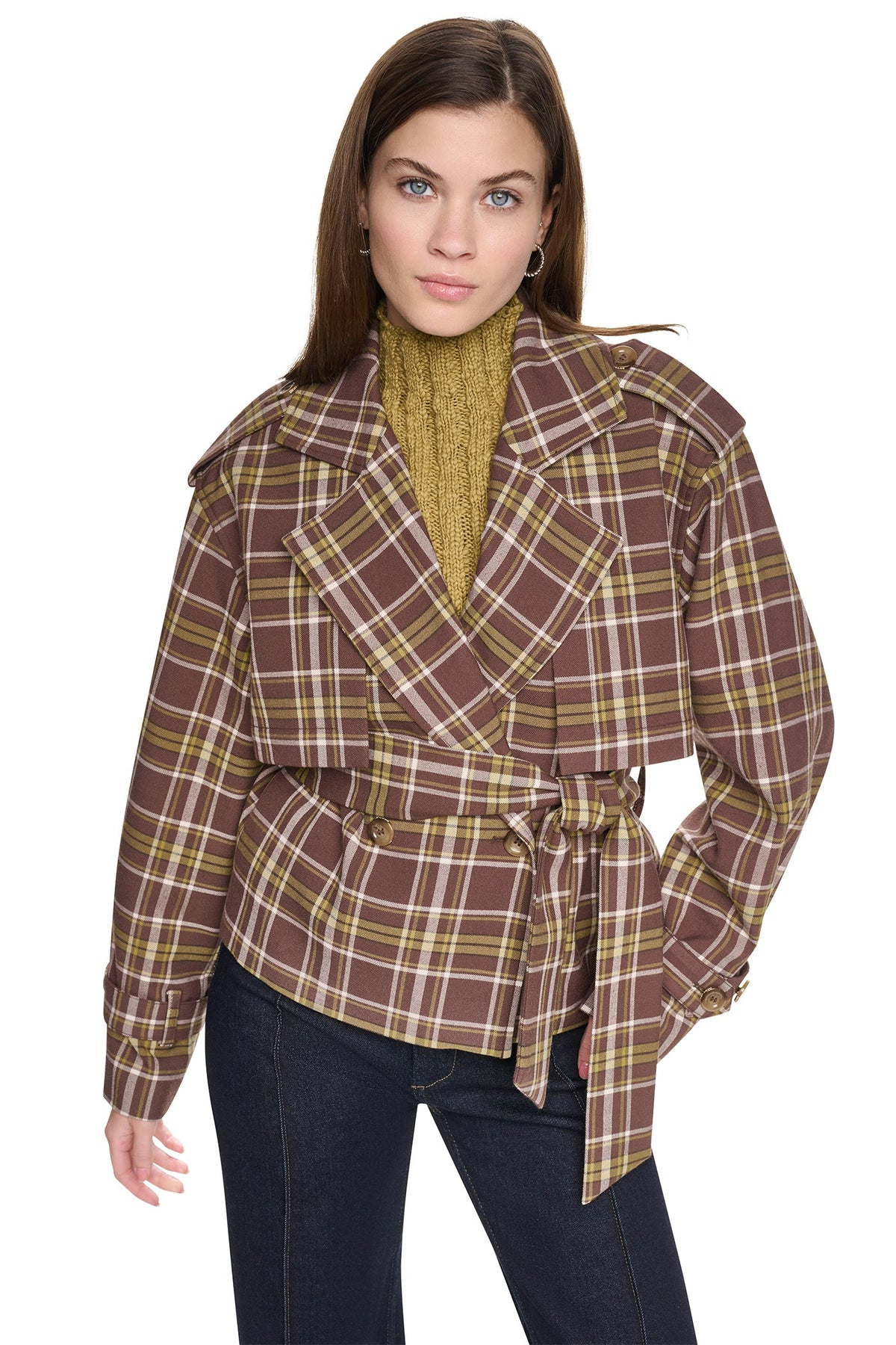 PLAID DOUBLE BREASTED SHORT TRENCH Tribeca Plaid Chestnut | DKNY
