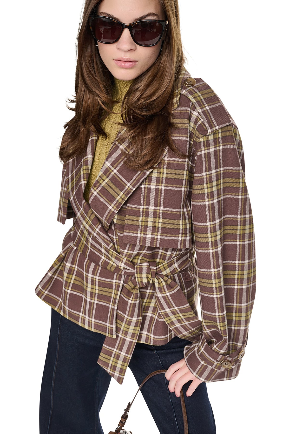 PLAID DOUBLE BREASTED SHORT TRENCH Tribeca Plaid Chestnut | DKNY