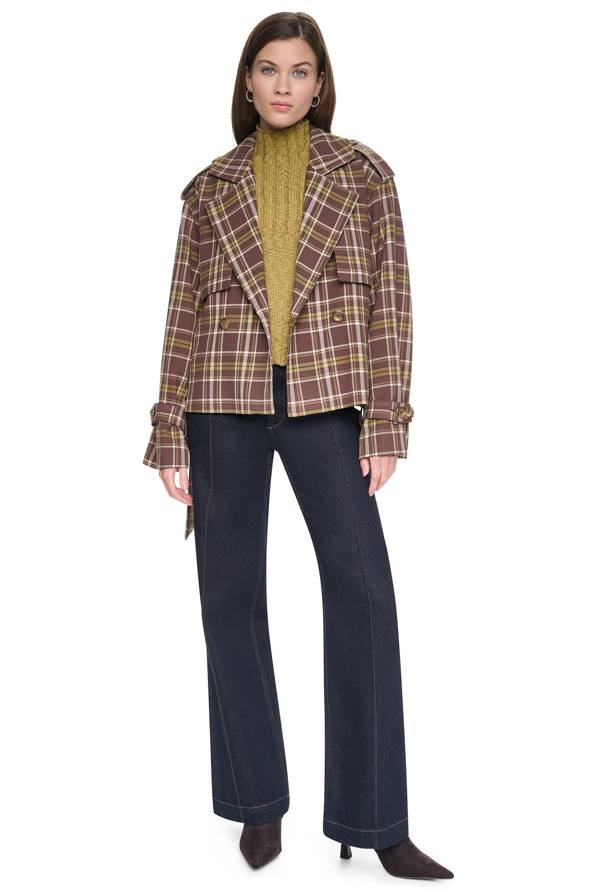 PLAID DOUBLE BREASTED SHORT TRENCH Tribeca Plaid Chestnut | DKNY