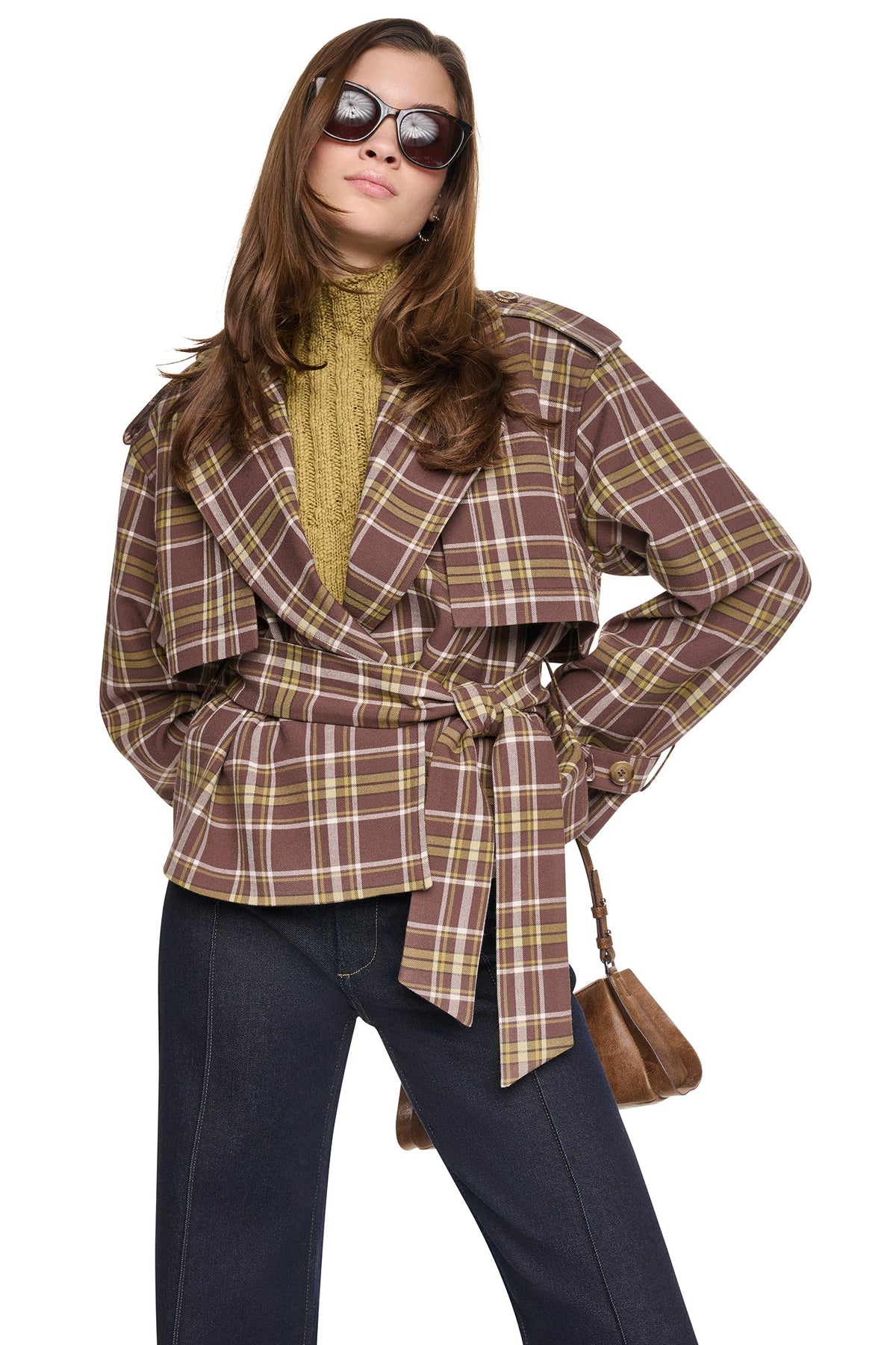 PLAID DOUBLE BREASTED SHORT TRENCH Tribeca Plaid Chestnut | DKNY