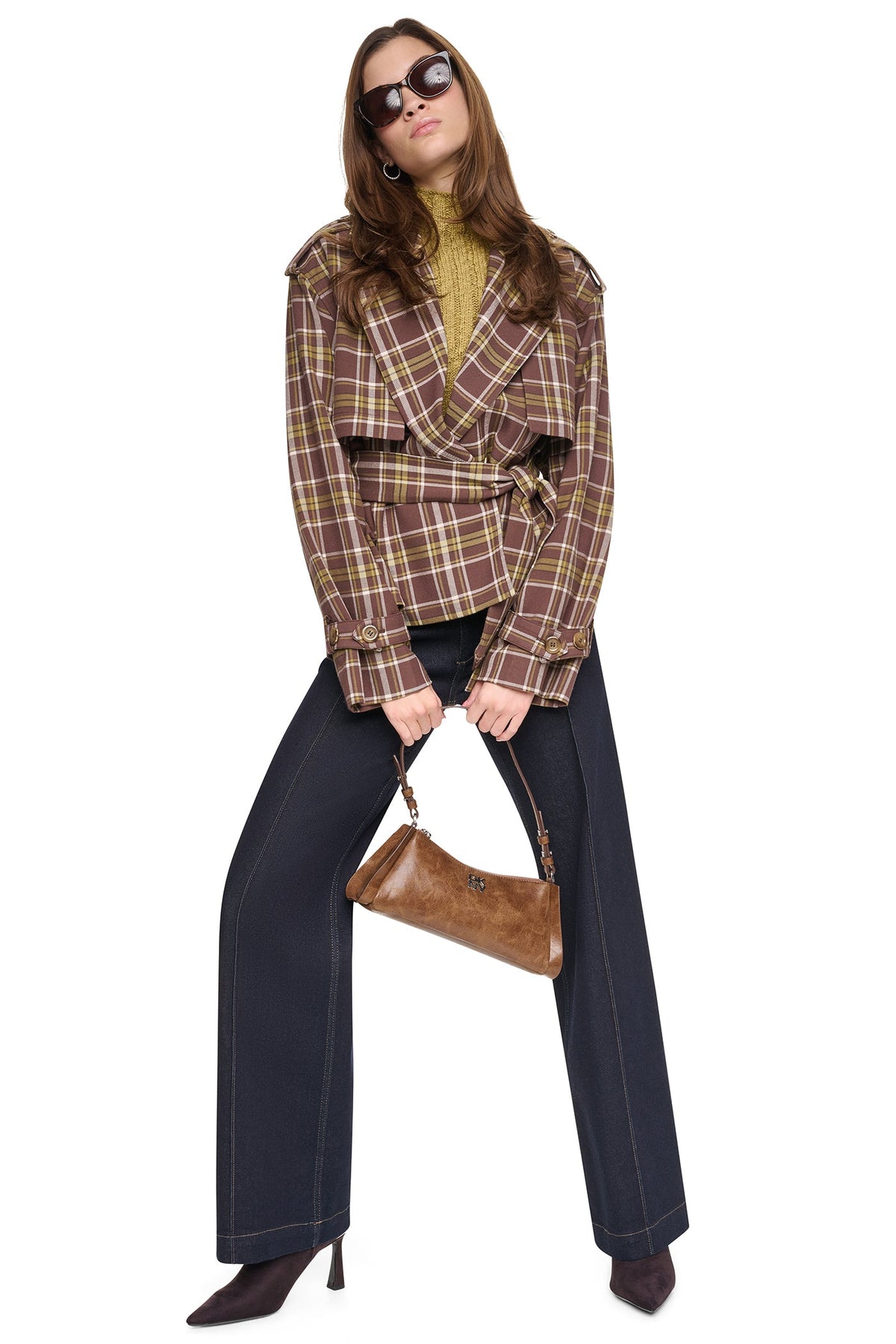 PLAID DOUBLE BREASTED SHORT TRENCH Tribeca Plaid Chestnut | DKNY
