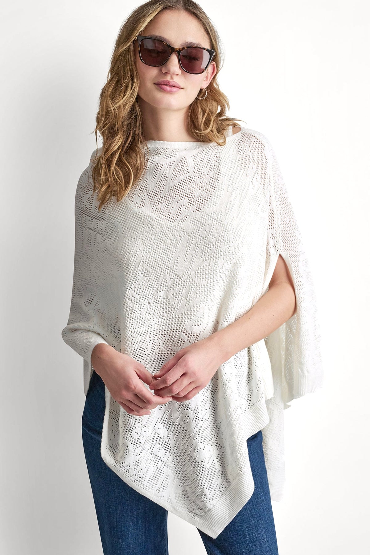 ASYMMETRIC LOGO POINTELLE PONCHO Ivory | DKNY