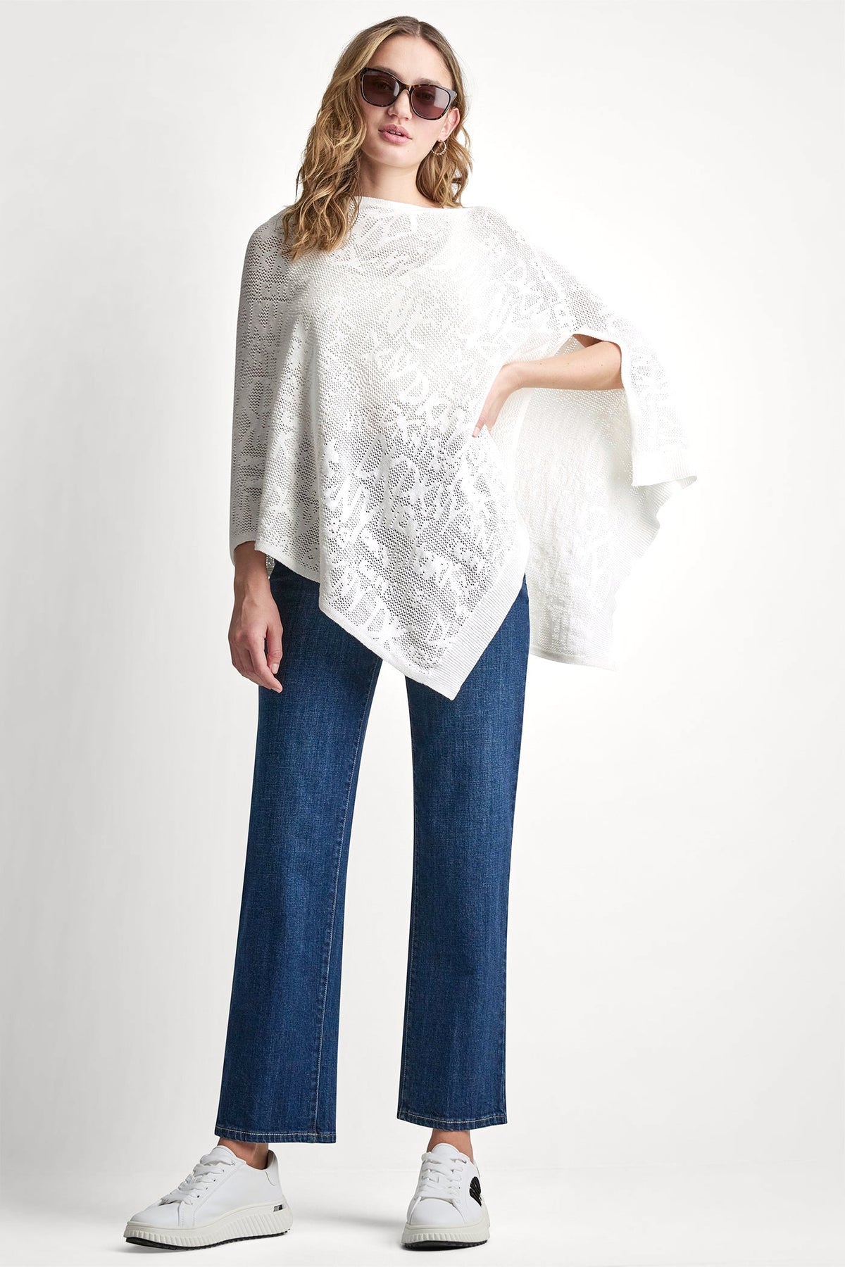 ASYMMETRIC LOGO POINTELLE PONCHO Ivory | DKNY