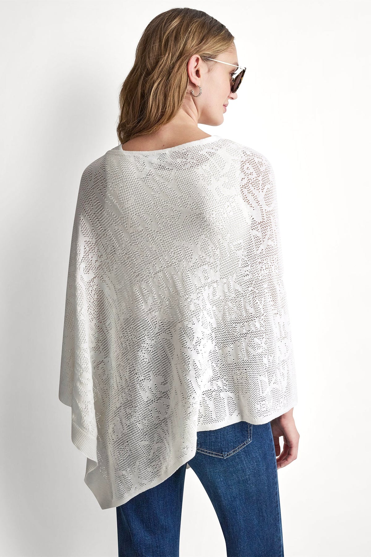 ASYMMETRIC LOGO POINTELLE PONCHO Ivory | DKNY
