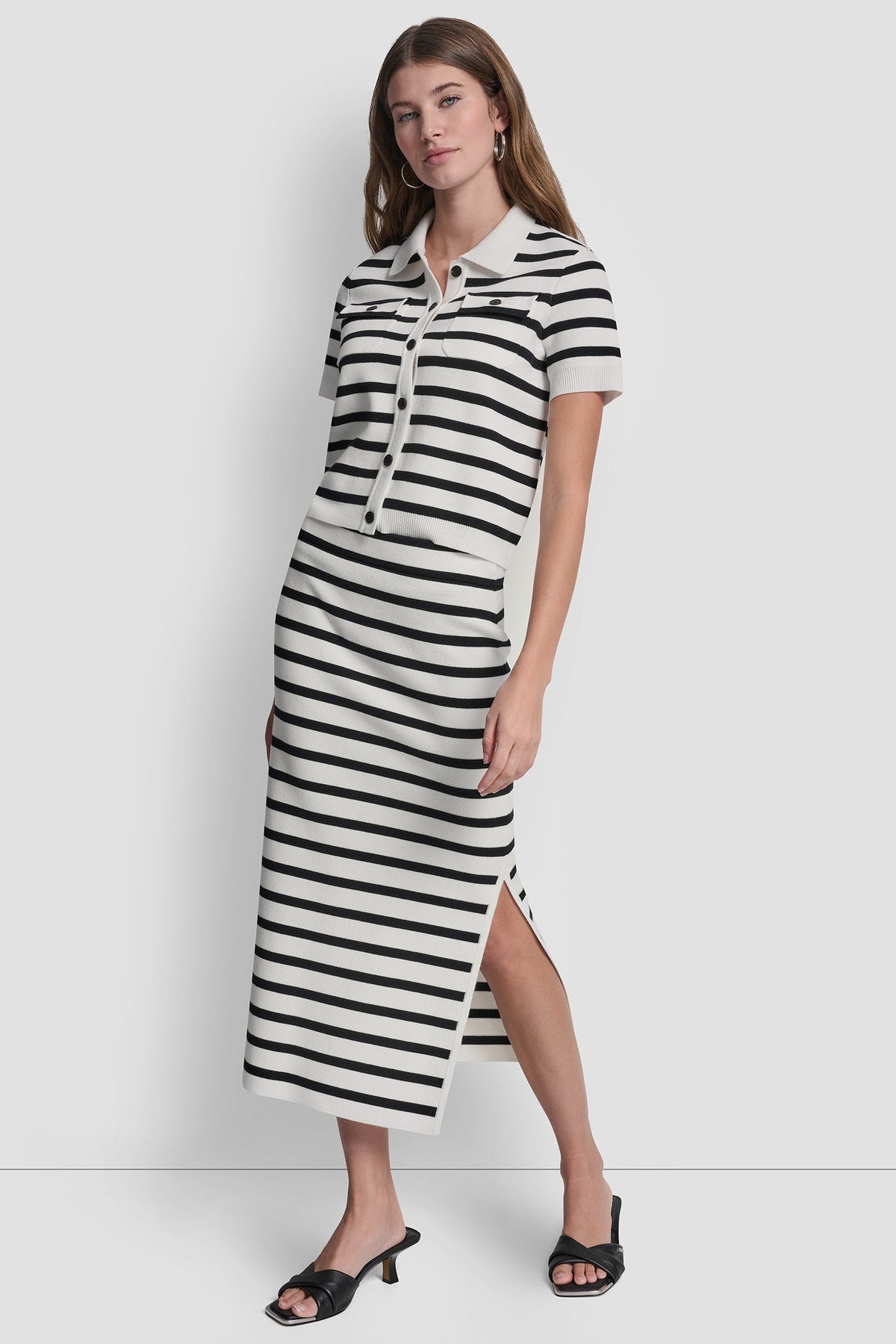 STRIPED MIDI SKIRT WITH SIDE SLIT Ivory/Black | DKNY