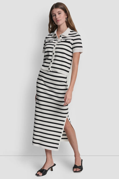 STRIPED MIDI SKIRT WITH SIDE SLIT Ivory/Black | DKNY
