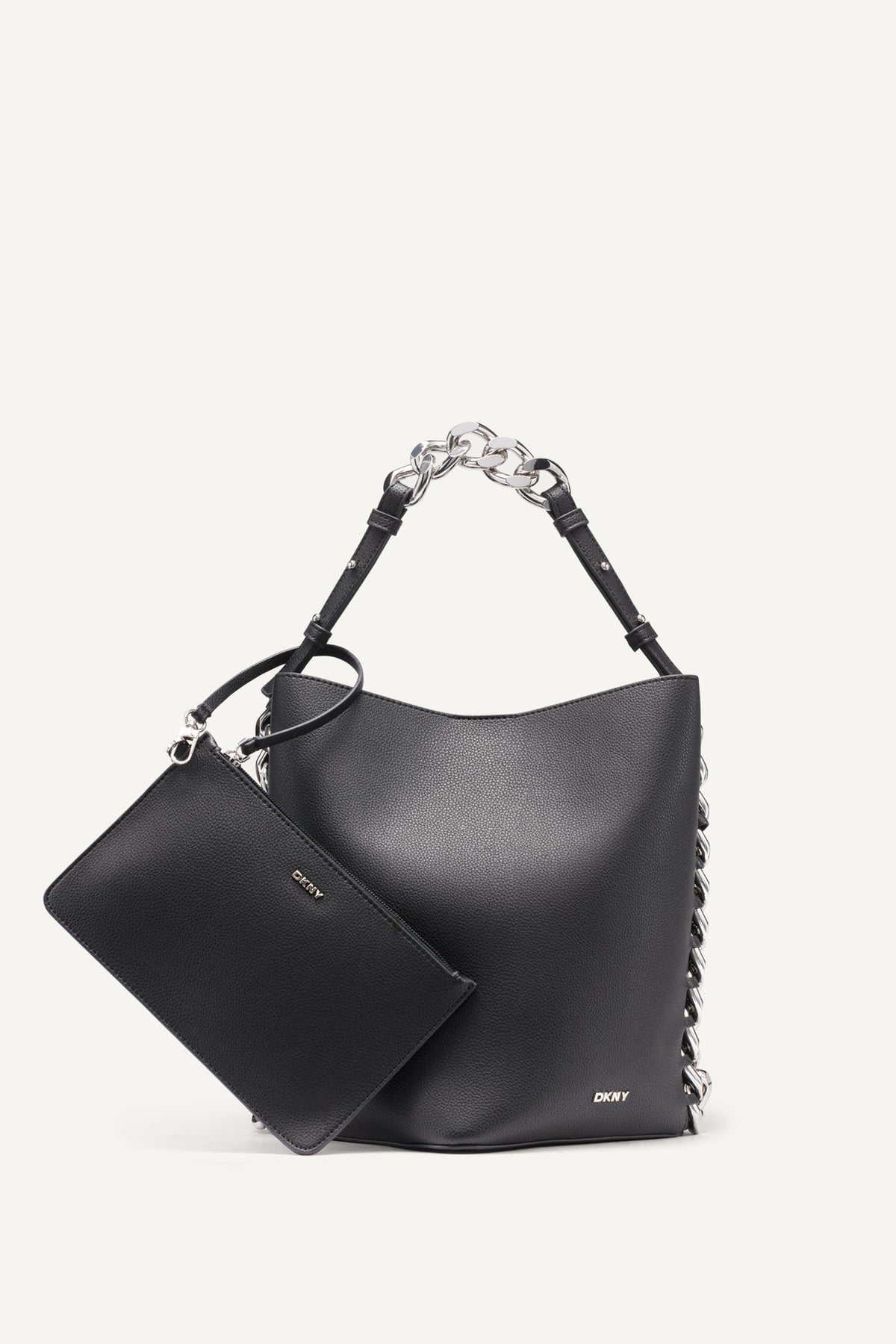 RIONA CHAIN-TRIMMED BUCKET BAG Black | DKNY