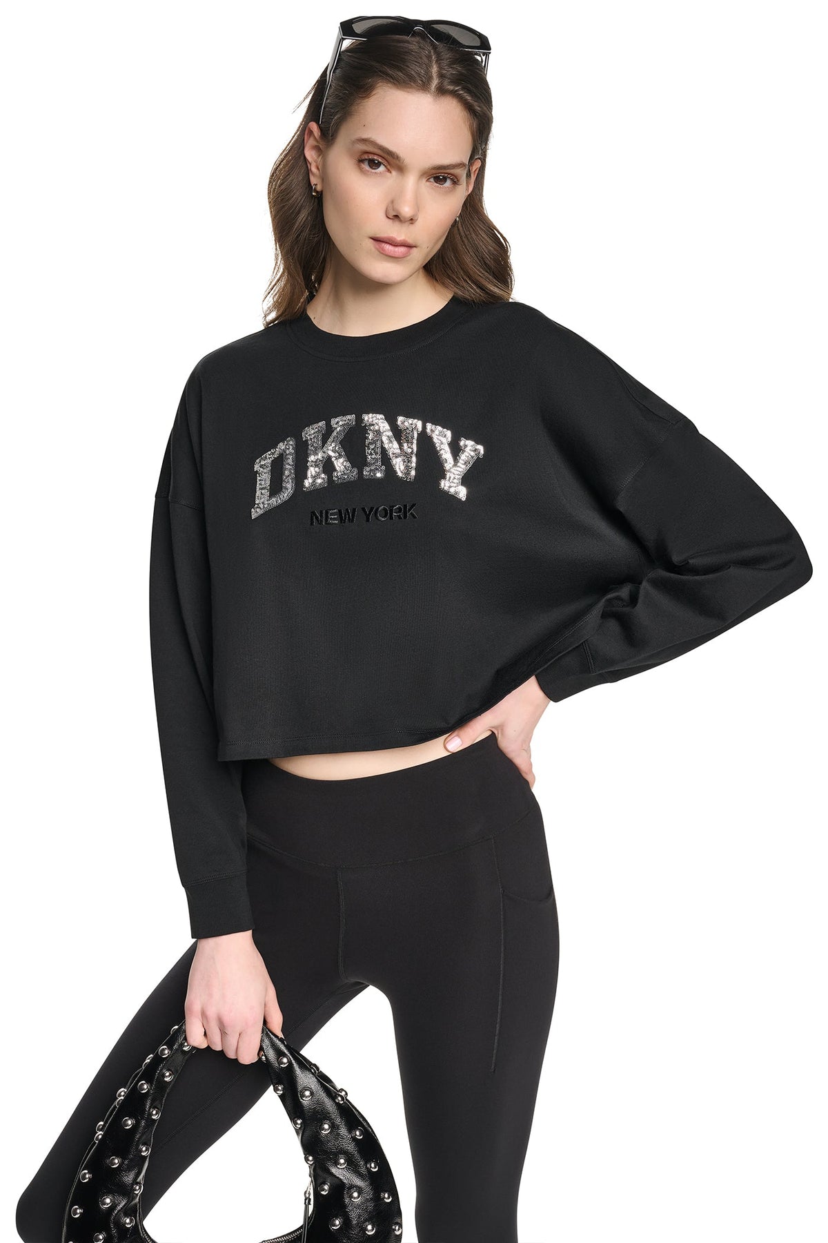 CROPPED SEQUIN VARSITY LOGO TEE Cortado Heather/Silver | DKNY