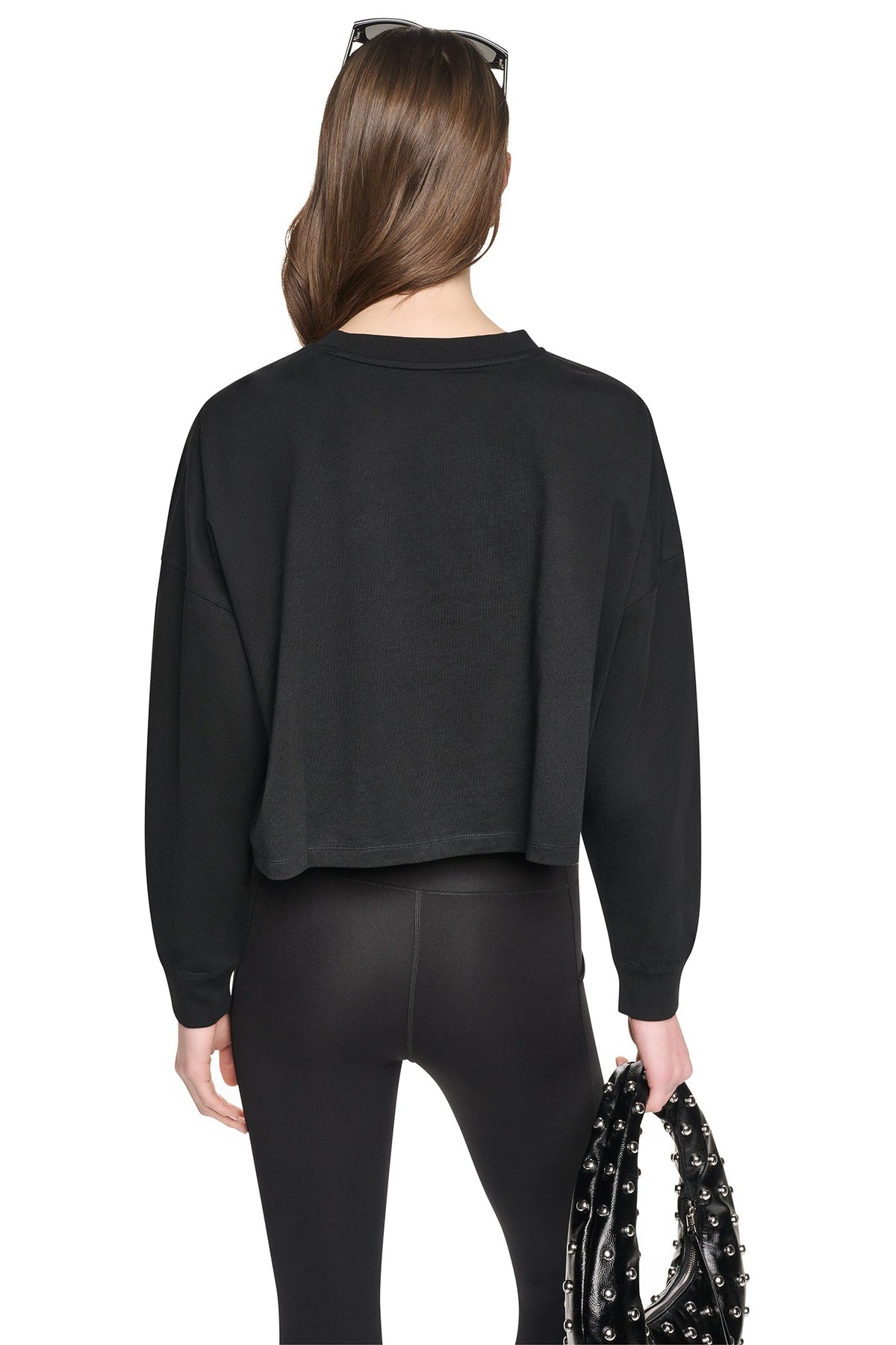 CROPPED SEQUIN VARSITY LOGO TEE Cortado Heather/Silver | DKNY