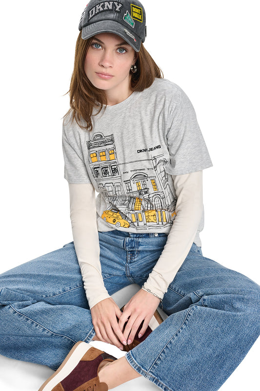 DOWNTOWN SKETCH TEE Sky Grey Heather/Taxi Cab | DKNY