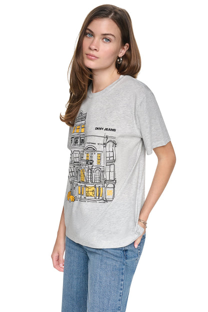 DOWNTOWN SKETCH TEE Sky Grey Heather/Taxi Cab | DKNY
