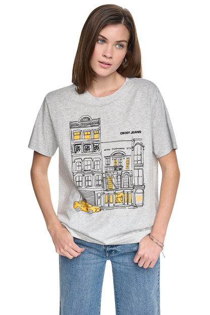 DOWNTOWN SKETCH TEE Sky Grey Heather/Taxi Cab | DKNY