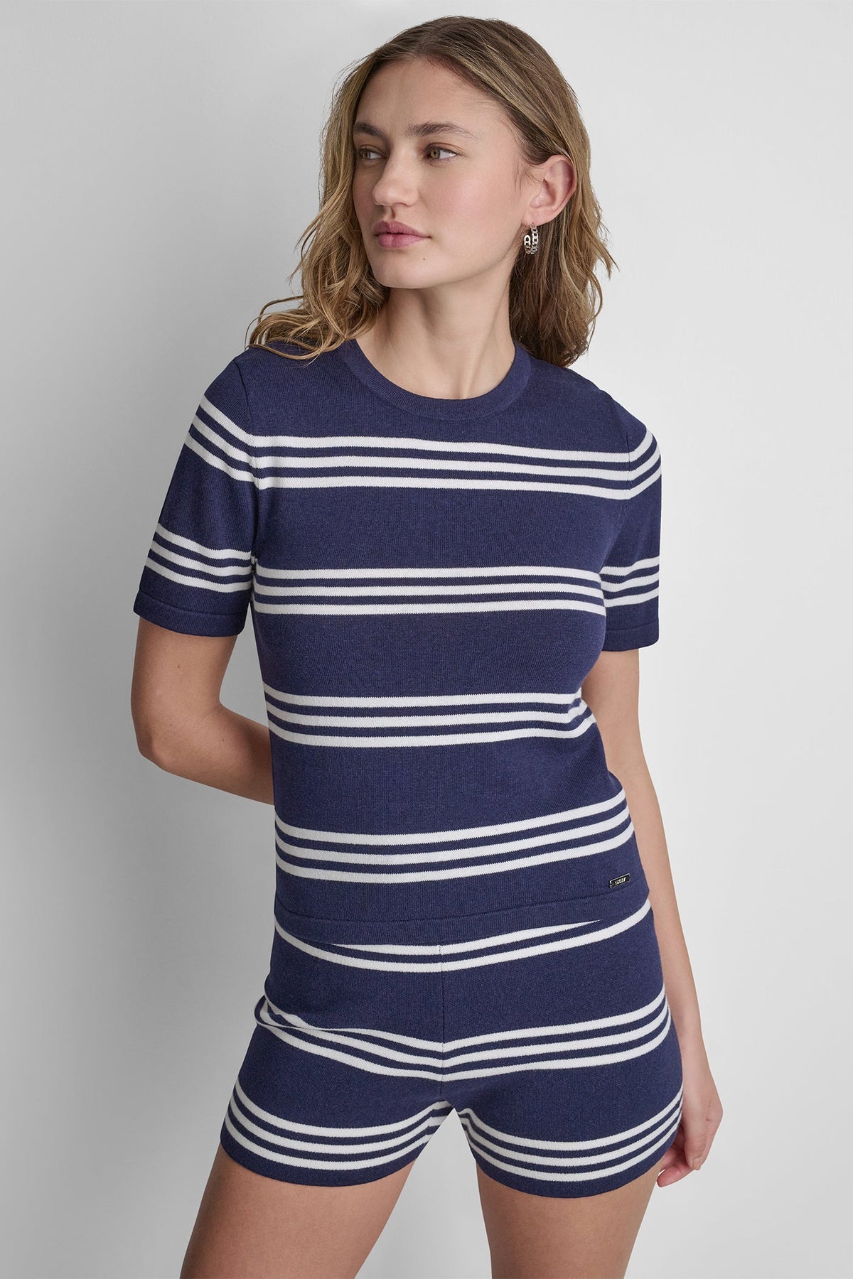ELBOW SLEEVE STRIPED SWEATER Peacoat/Ivory | DKNY