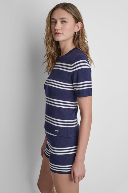 ELBOW SLEEVE STRIPED SWEATER Peacoat/Ivory | DKNY