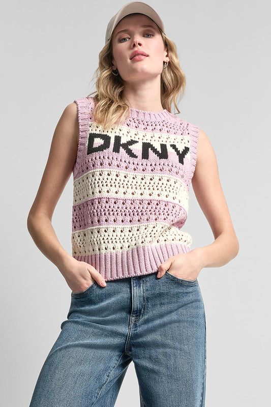 STRIPED POINTELLE STITCH SWEATER Mineral/Ivory/Pebble | DKNY