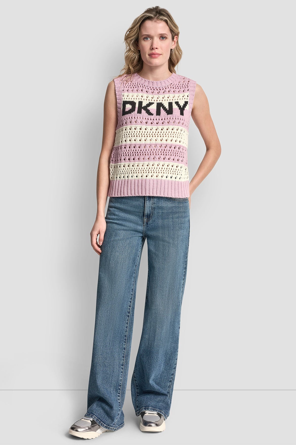 STRIPED POINTELLE STITCH SWEATER Mineral/Ivory/Pebble | DKNY