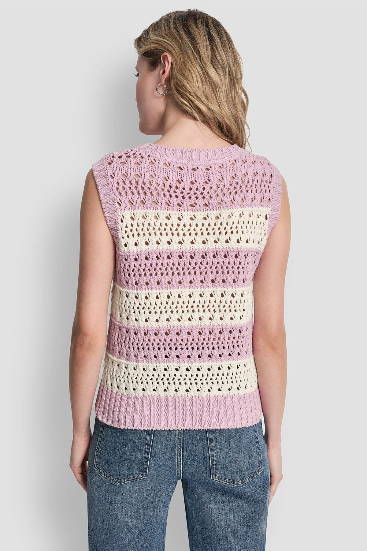 STRIPED POINTELLE STITCH SWEATER Mineral/Ivory/Pebble | DKNY