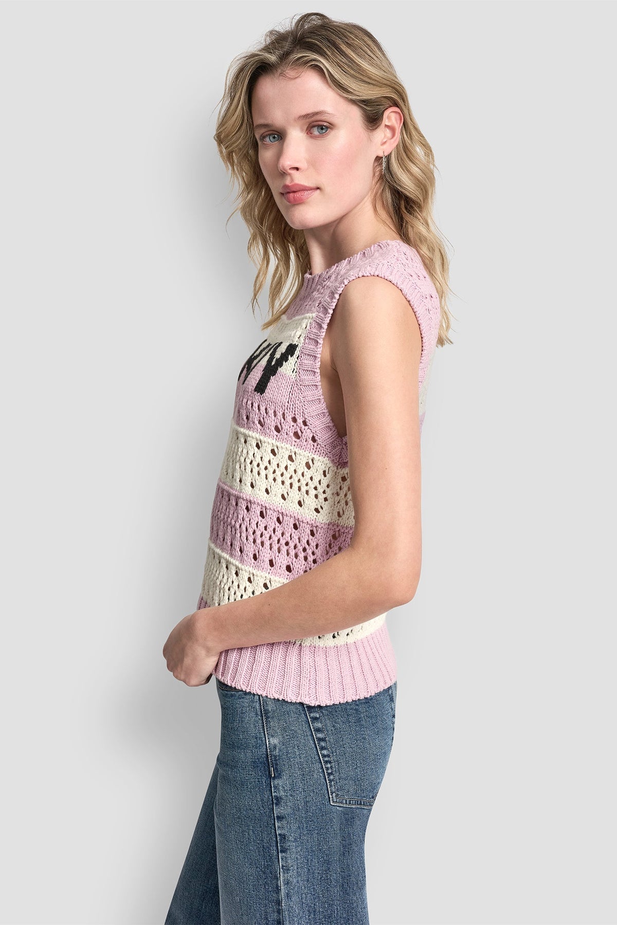 STRIPED POINTELLE STITCH SWEATER Mineral/Ivory/Pebble | DKNY