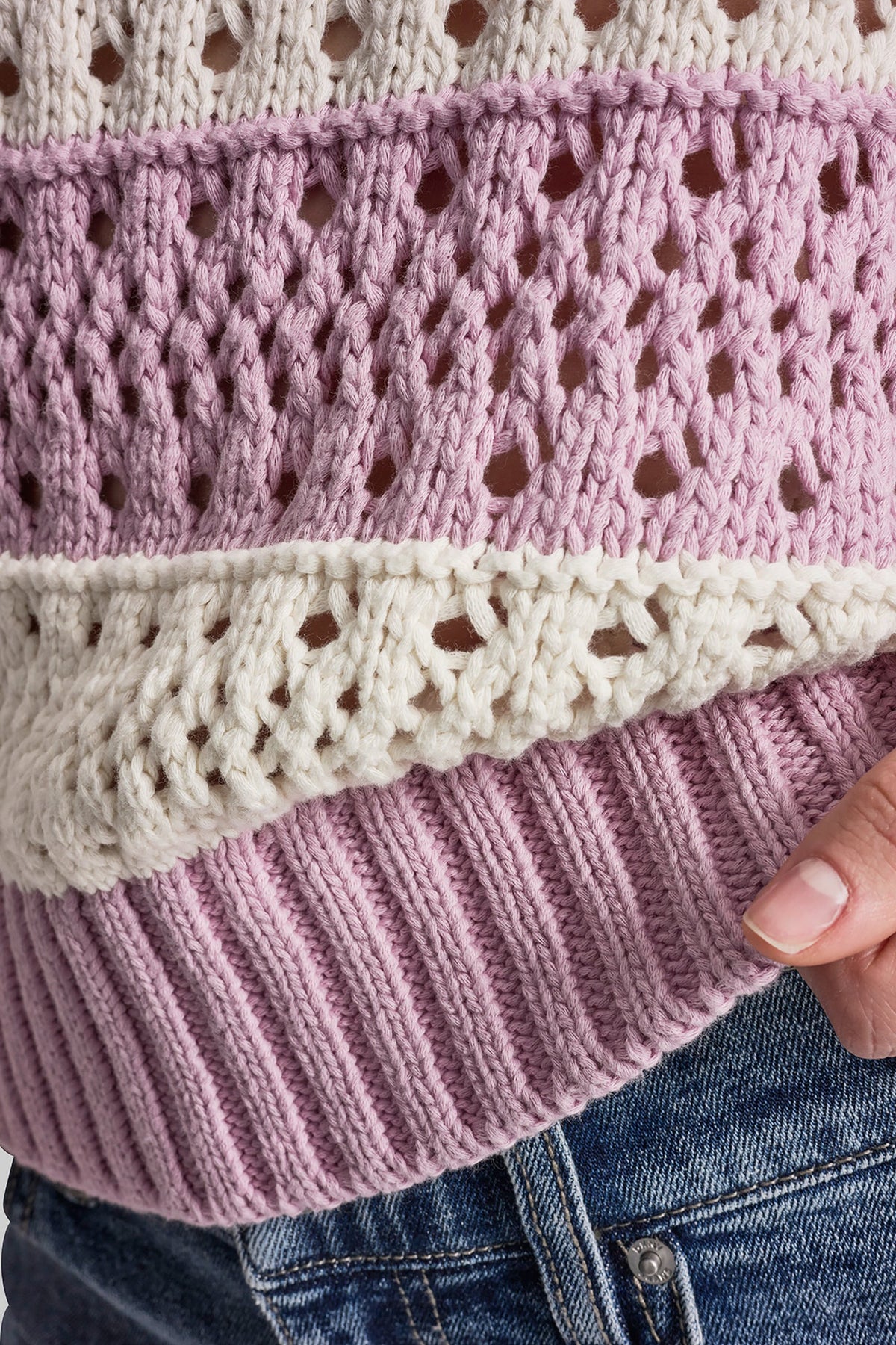 STRIPED POINTELLE STITCH SWEATER Mineral/Ivory/Pebble | DKNY