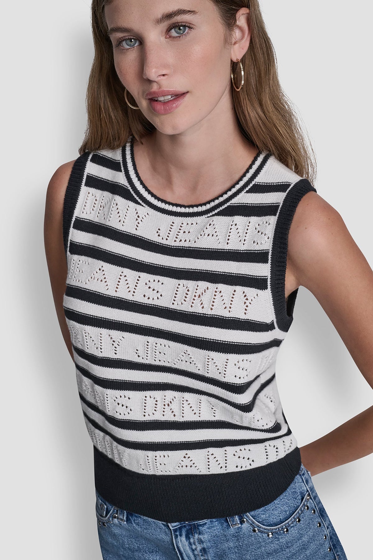 LOGO POINTELLE STRIPED SWEATER Ivory/Black | DKNY