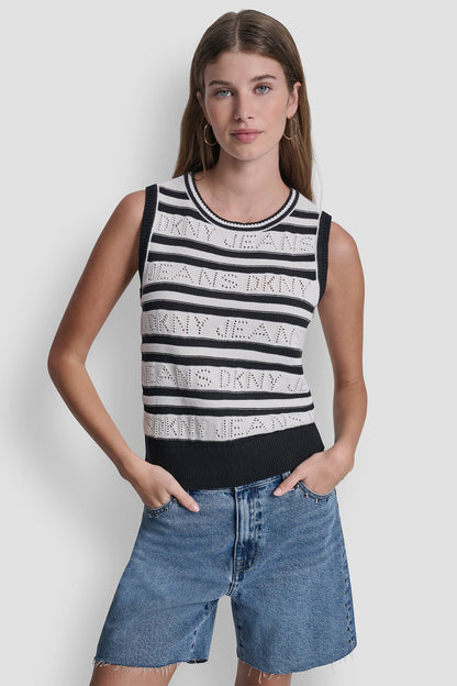 LOGO POINTELLE STRIPED SWEATER Ivory/Black | DKNY
