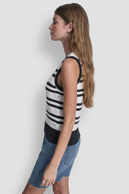 LOGO POINTELLE STRIPED SWEATER Ivory/Black | DKNY