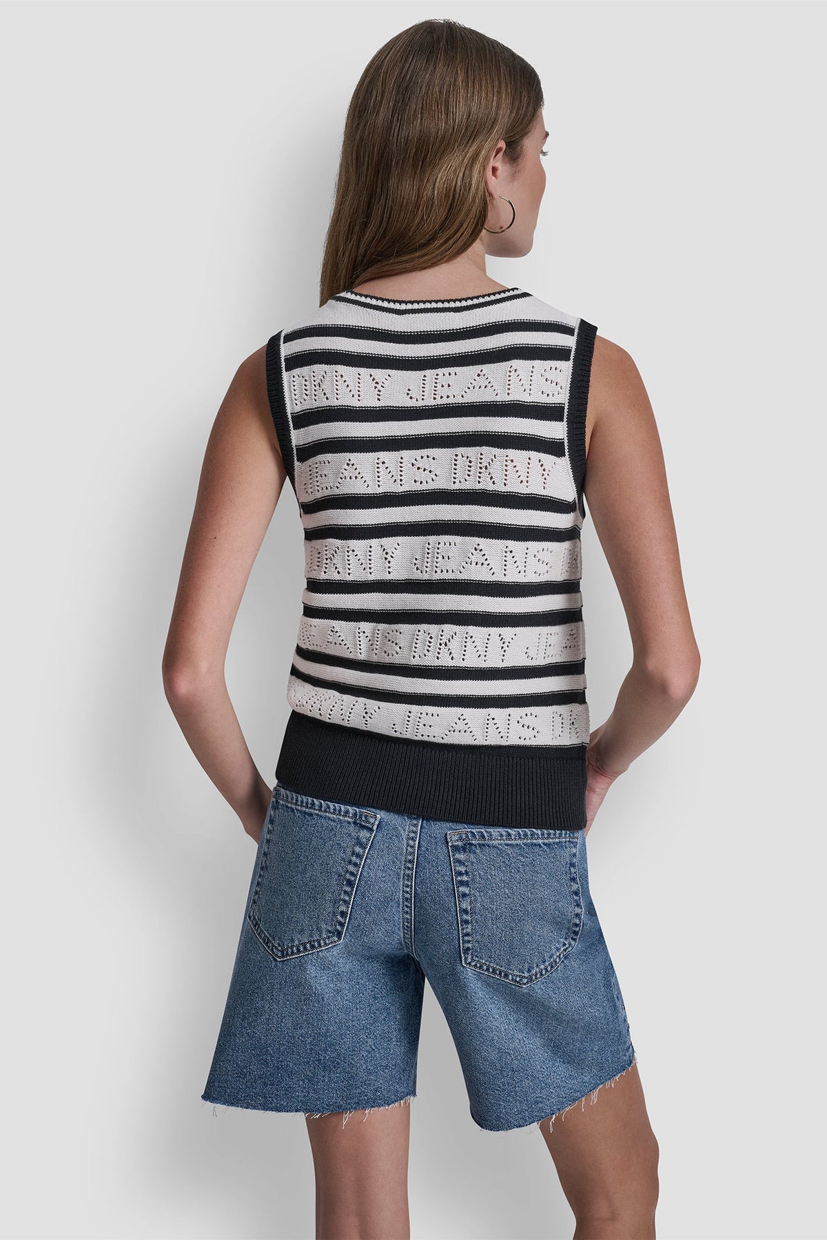 LOGO POINTELLE STRIPED SWEATER Ivory/Black | DKNY