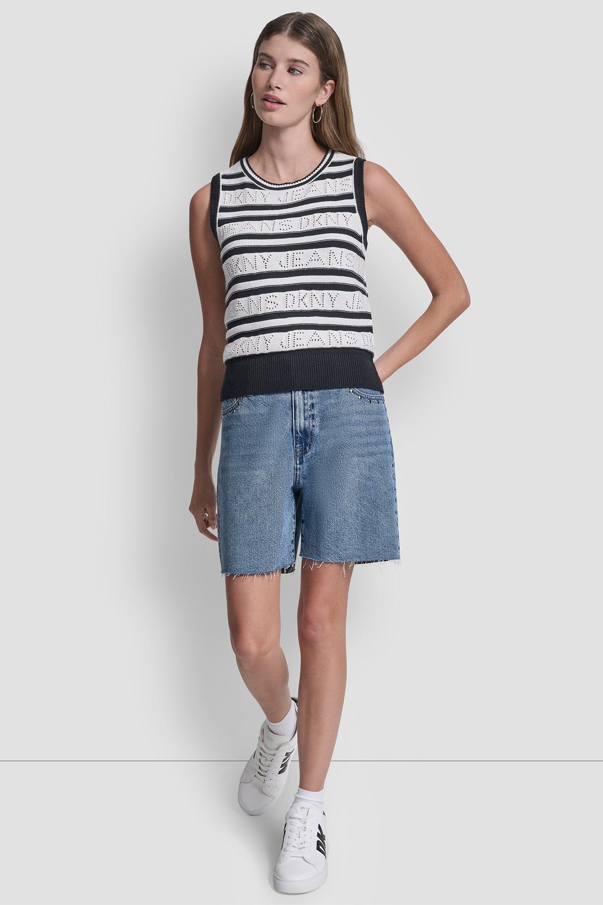 LOGO POINTELLE STRIPED SWEATER Ivory/Black | DKNY