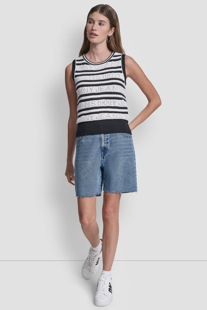 LOGO POINTELLE STRIPED SWEATER Ivory/Black | DKNY