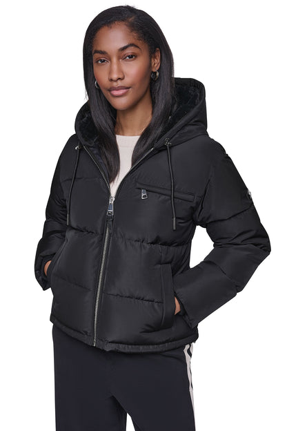 CONTRAST LINED SHORT HOODED PUFFER Black | DKNY