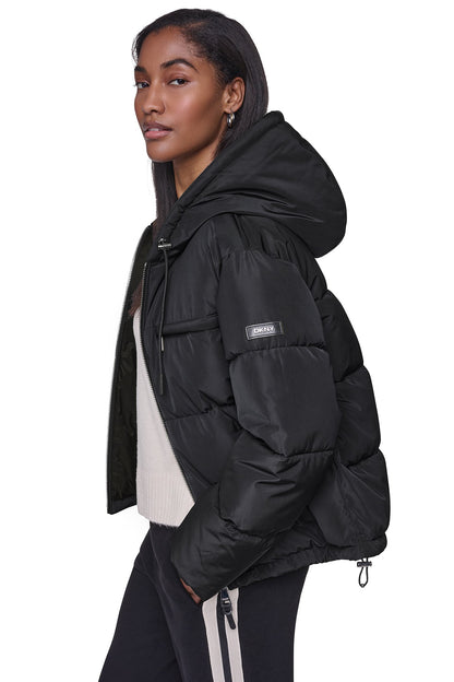 CONTRAST LINED SHORT HOODED PUFFER Black | DKNY