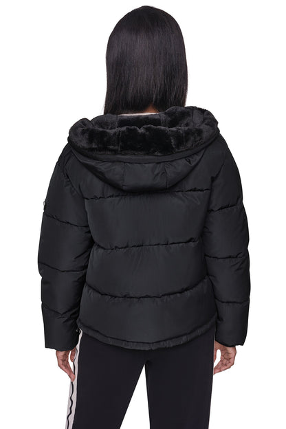 CONTRAST LINED SHORT HOODED PUFFER Black | DKNY