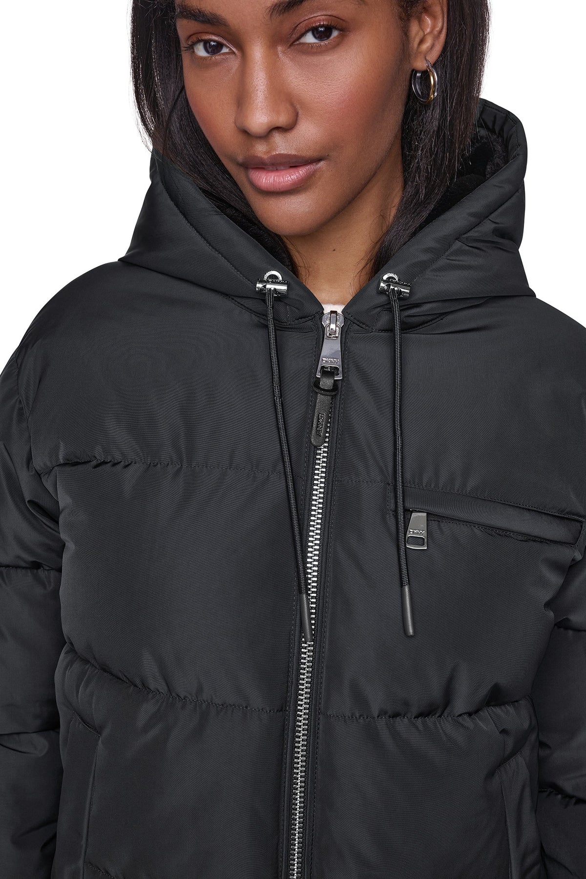 CONTRAST LINED SHORT HOODED PUFFER Black | DKNY