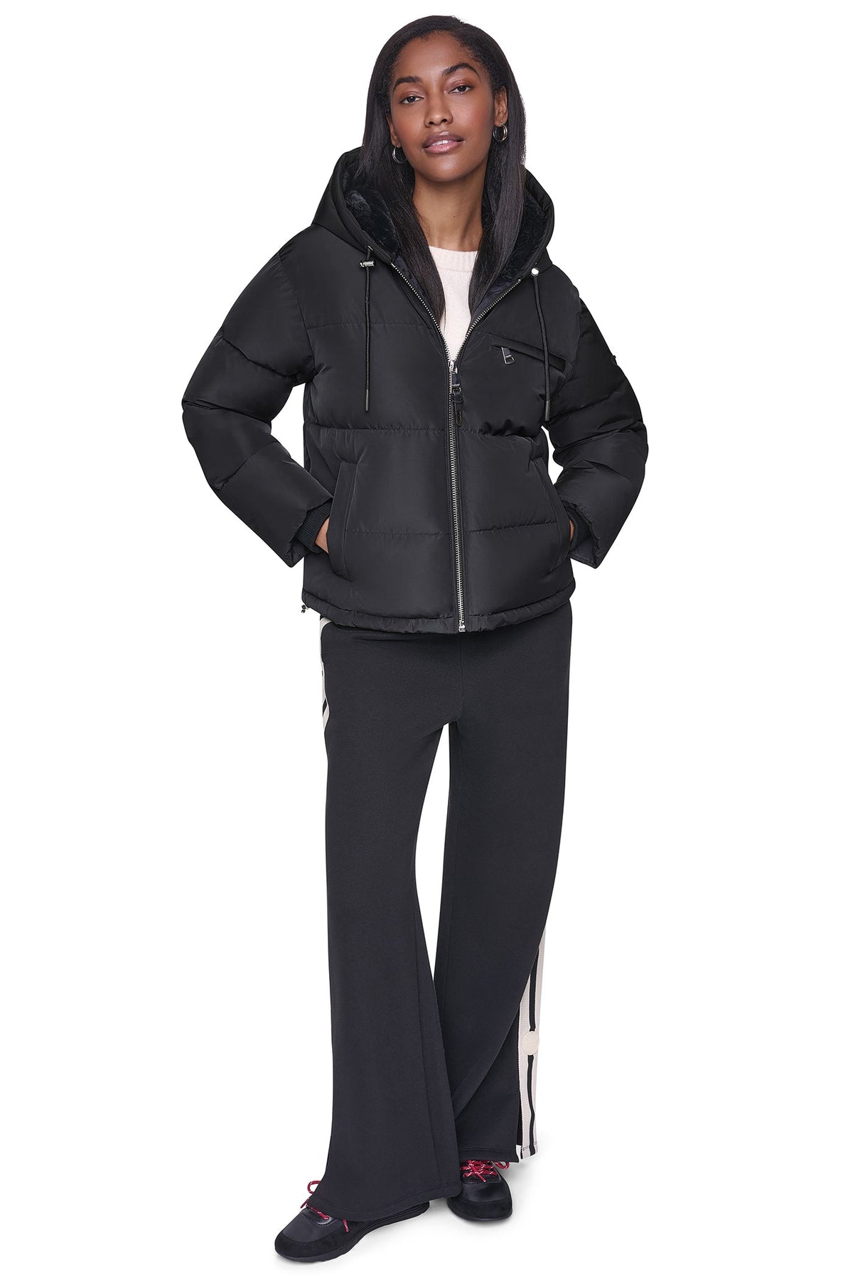 CONTRAST LINED SHORT HOODED PUFFER Black | DKNY