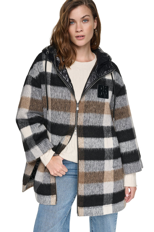 PLAID HOODED CAPE COAT Plaid Black | DKNY