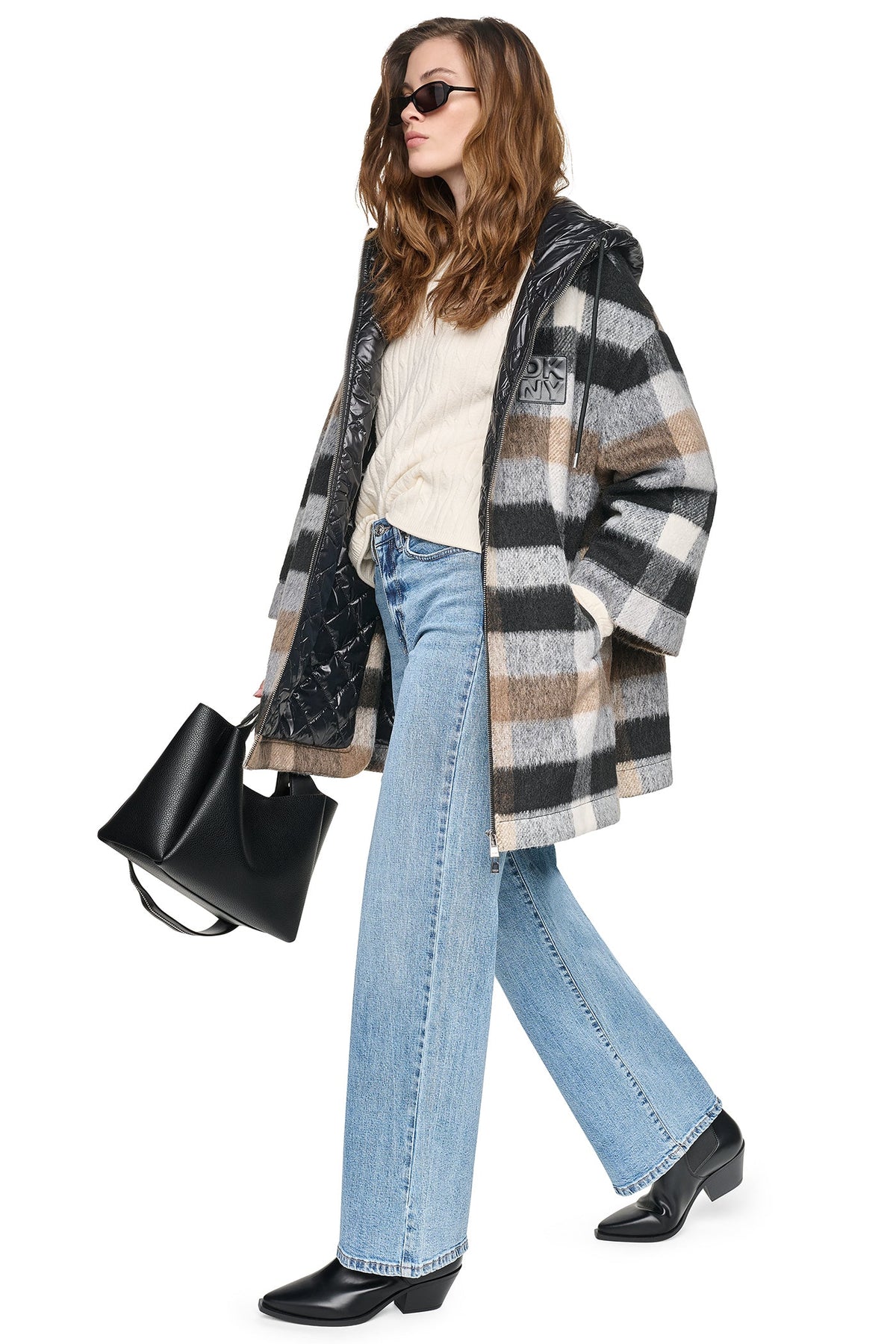 PLAID HOODED CAPE COAT Plaid Black | DKNY