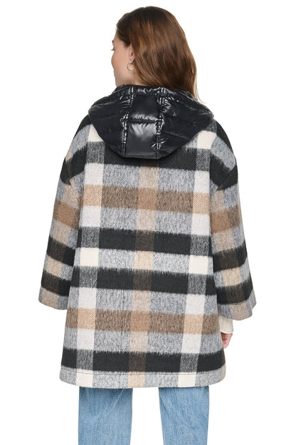 PLAID HOODED CAPE COAT Plaid Black | DKNY