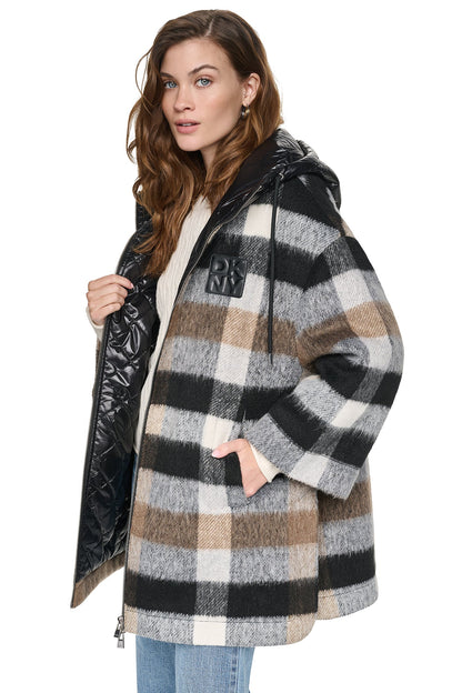 PLAID HOODED CAPE COAT Plaid Black | DKNY