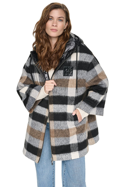 PLAID HOODED CAPE COAT Plaid Black | DKNY