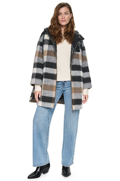 PLAID HOODED CAPE COAT Plaid Black | DKNY