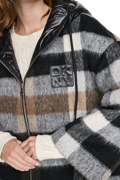 PLAID HOODED CAPE COAT Plaid Black | DKNY